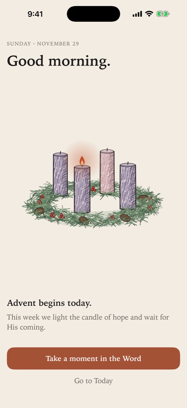 The welcome on the first day of Advent: “Good morning.” above an evergreen wreath with four candles, drawn in pencil, the first one lit. Below it, “Advent begins today. This week we light the candle of hope and wait for His coming.”