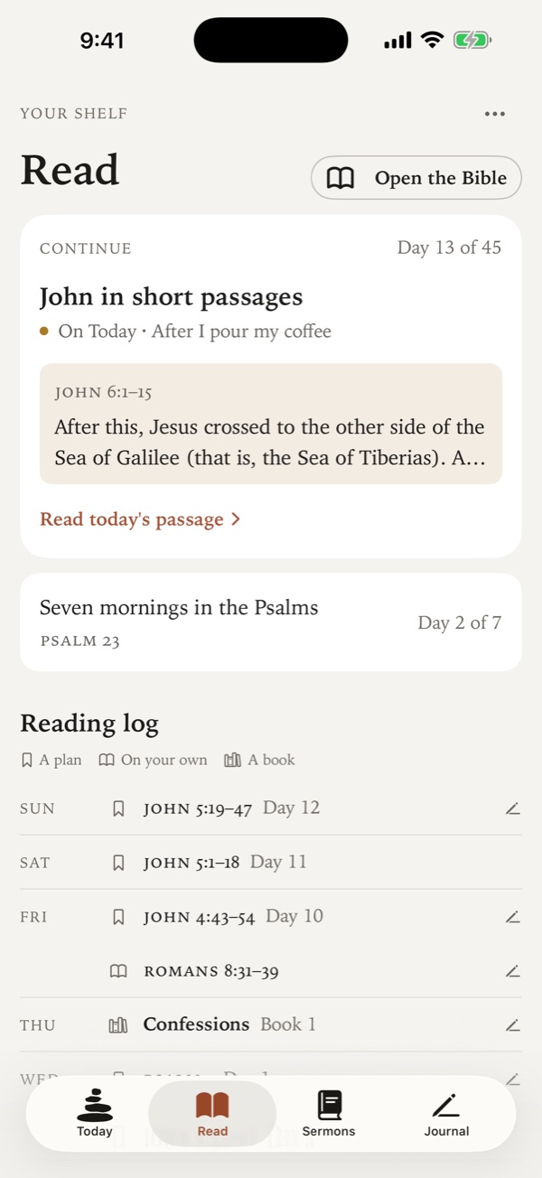 The Read tab. Continue shows day 13 of 45 of John in short passages, with today’s passage on parchment and a link to read it. Below are another plan in progress and the reading log, one line per read by day.